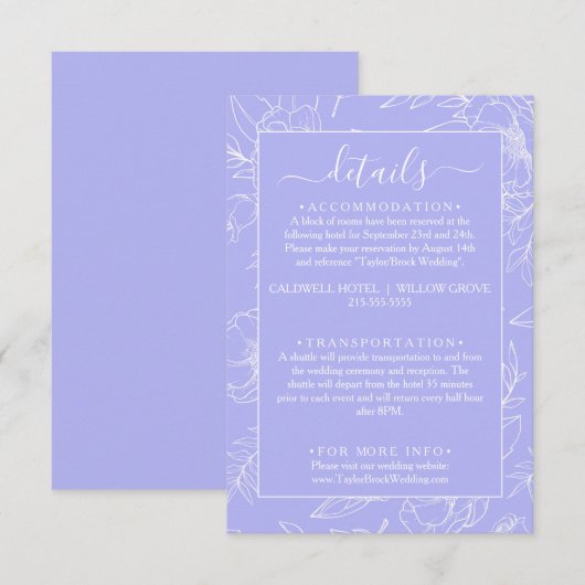 Moderne Floral Periwinkle bruiloft details Informatiekaartje (Voorkant / Achterkant)