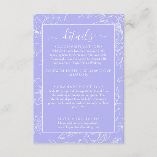 Moderne Floral Periwinkle bruiloft details Informatiekaartje (Voorkant)