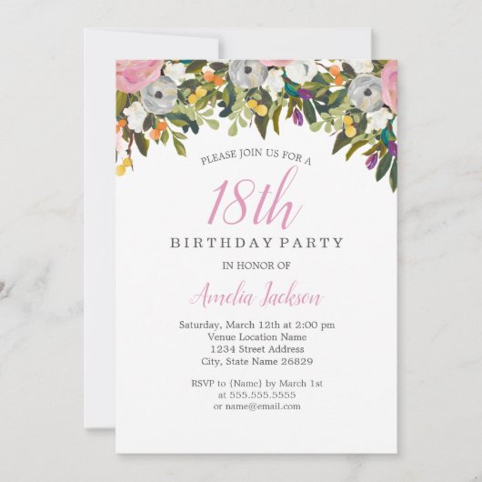 Moderne Floral Pink 18th Birthday Invitation Kaart (Voorkant)