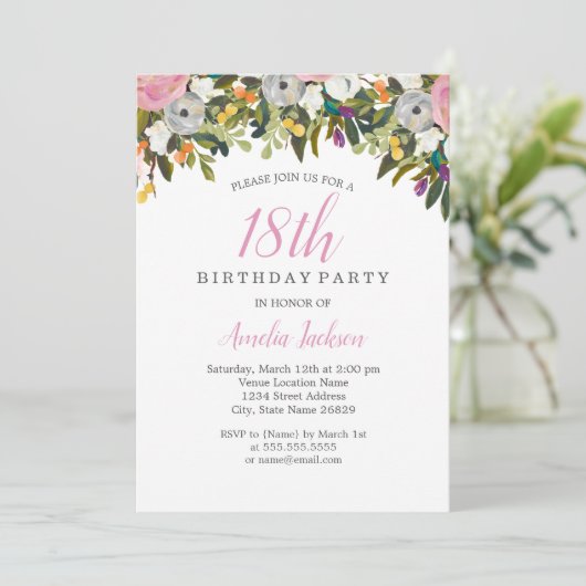 Moderne Floral Pink 18th Birthday Invitation Kaart (Staand voorkant)