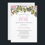 Moderne Floral Pink 60th Birthday Uitnodiging<br><div class="desc">Birthday-uitnodigingen in de Little Bayleigh Store!</div>