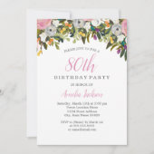 Moderne Floral Pink 80th Birthday Invitation Kaart (Voorkant)