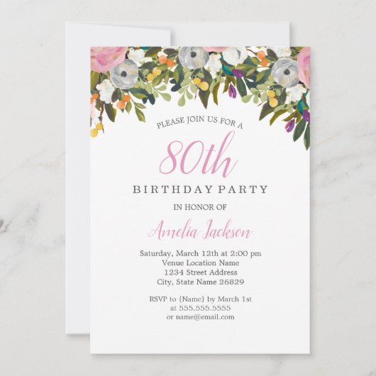 Moderne Floral Pink 80th Birthday Invitation Kaart (Voorkant)