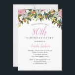 Moderne Floral Pink 80th Birthday Invitation Kaart<br><div class="desc">Birthday-uitnodigingen in de Little Bayleigh Store!</div>