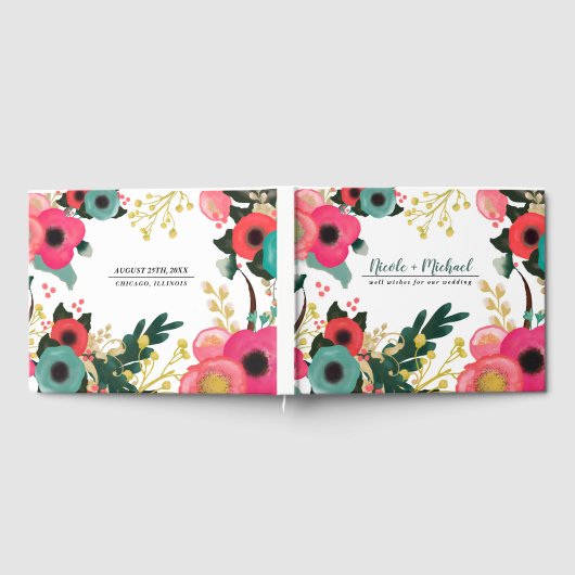 Moderne Floral Pink Blauwgroen Wedding Guest Books Gastenboek (Volledig)