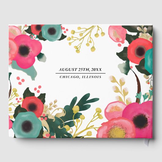 Moderne Floral Pink Blauwgroen Wedding Guest Books Gastenboek (Achterkant)