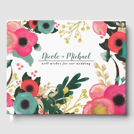 Moderne Floral Pink Blauwgroen Wedding Guest Books Gastenboek (Voorkant)