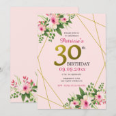 Moderne Floral Pink en Gold 30th Birthday Kaart (Voorkant / Achterkant)