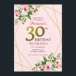 Moderne Floral Pink en Gold 30th Birthday Kaart<br><div class="desc">Roze en gouden uitnodiging voor de 30ste verjaardag van de mijlpaal. Elegant waterverf floral and gold glitter typografie voegt een stijlvolle en unieke aanraking toe. Personaliseer je partijgegevens.</div>