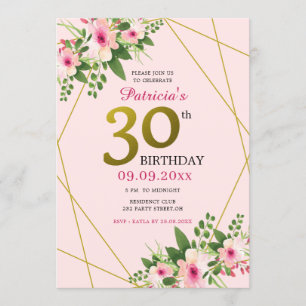 Moderne Floral Pink en Gold 30th Birthday Kaart