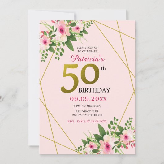 Moderne Floral Pink en Gold 50e verjaardag Kaart (Voorkant)