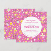 Moderne Floral Pink Engagement Party Kaart (Voorkant / Achterkant)