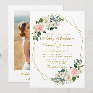 Moderne Floral Pink Gold Lijst Foto Ruwelijk Kaart