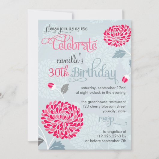 Moderne Floral Pink & Grey Fancy Birthday Party Kaart (Voorkant)
