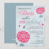 Moderne Floral Pink & Grey Fancy Birthday Party Kaart (Voorkant / Achterkant)