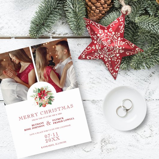 Moderne Floral Poinsettias Bouquet-kerstfoto's Save The Date
