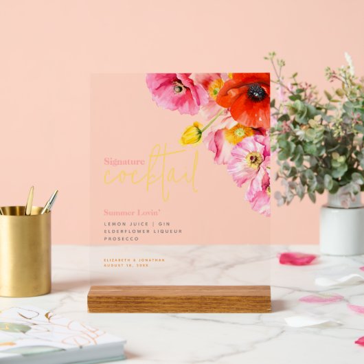 Moderne Floral Poppy Signature Cocktail Acryl Bord (Huwelijk)