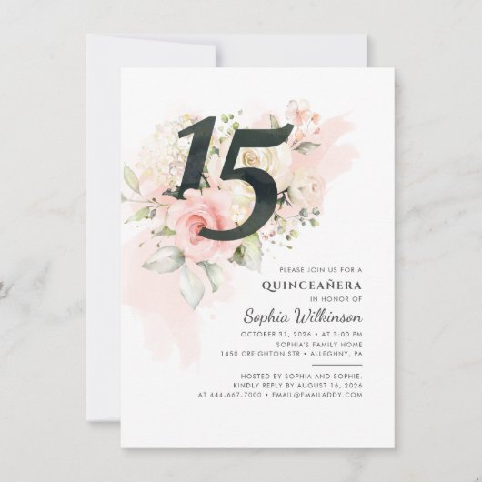 Moderne Floral Quinceanera 15e verjaardag Roze Kaart (Voorkant)