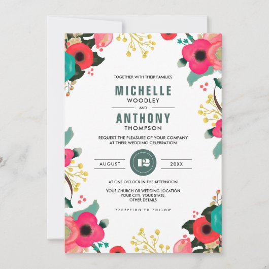Moderne Floral roze Blauwgroen Aangepaste Weddensc Kaart (Voorkant)