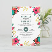 Moderne Floral roze Blauwgroen Aangepaste Weddensc Kaart (Staand voorkant)