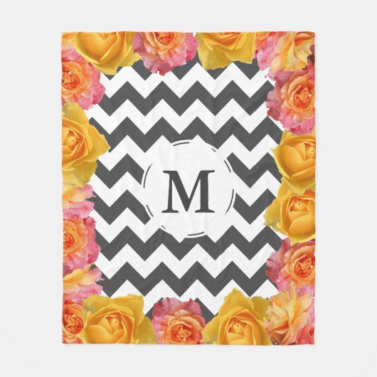 Moderne Floral Rozen en Initiaal Chevrons Fleece Deken (Voorkant)