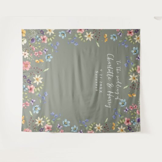 Moderne Floral Sage bruiloft foto achtergrond Wandkleed (Voorkant (horizontaal))