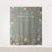 Moderne Floral Sage bruiloft foto achtergrond Wandkleed (Voorkant)