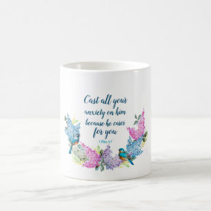 Moderne Floral Scripting 1 Peter 5:7 Koffiemok