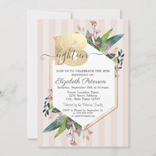 Moderne Floral Striped 18th Birthday Invitat Kaart (Voorkant)