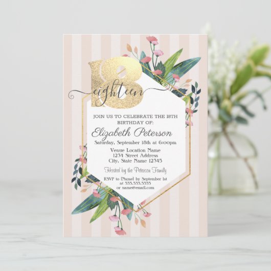 Moderne Floral Striped 18th Birthday Invitat Kaart (Staand voorkant)