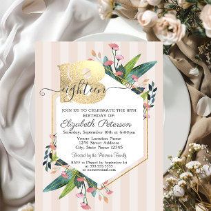 Moderne Floral Striped 18th Birthday Invitat Kaart