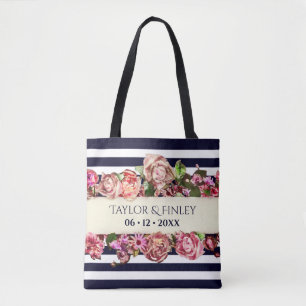   moderne Floral Striped Wedding Tote Bag