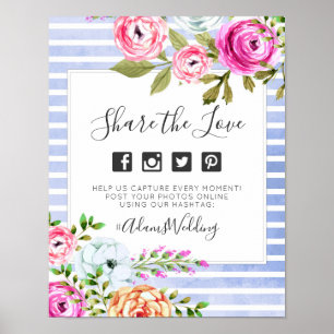 Moderne Floral Stripes Huwelijk Hashtag Fotobord Poster