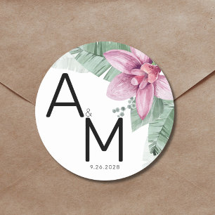 Moderne Floral Tropische Bruiloft Ronde Sticker