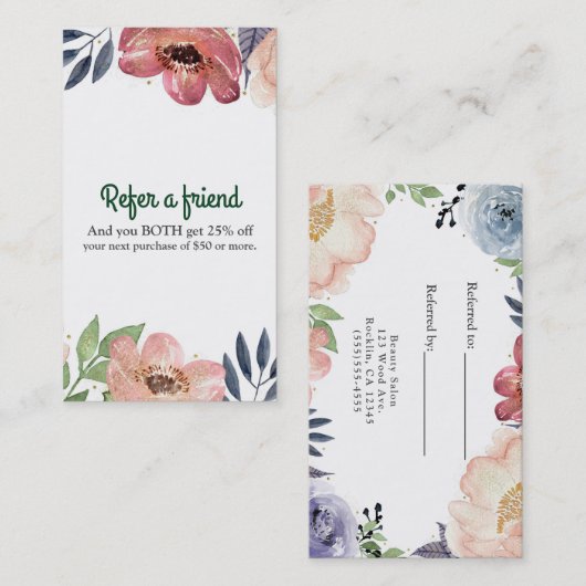 Moderne Floral Waterverf Elegant Verwijs een vrien Aanbevelingskaartje (Voorkant / Achterkant)