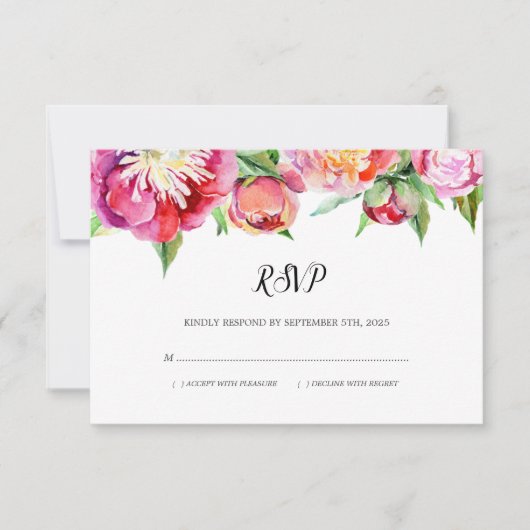 Moderne Floral Waterverf Koraal Pioen Bruiloft RSVP Kaartje (Voorkant)