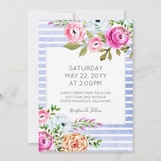 Moderne Floral Waterverf Stripe Bruiloft Uitnodigi Kaart (Achterkant)