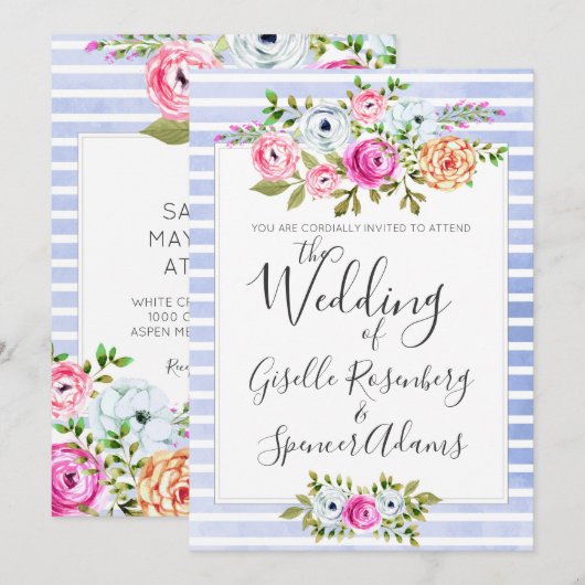 Moderne Floral Waterverf Stripe Bruiloft Uitnodigi Kaart (Voorkant / Achterkant)