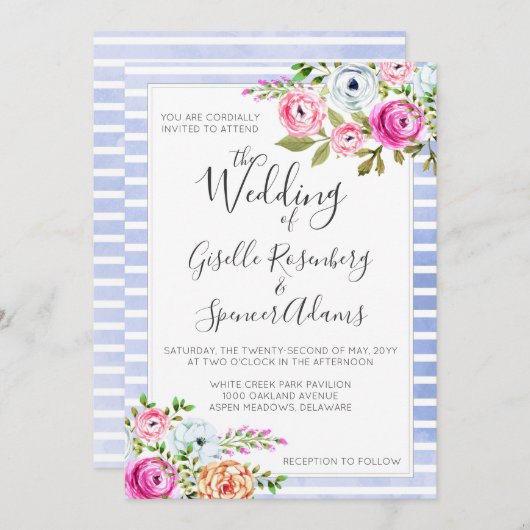 Moderne Floral Waterverf Stripe Bruiloft Uitnodigi Kaart (Voorkant / Achterkant)