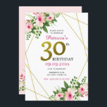 Moderne Floral White roze en Gold 30th Birthday Kaart<br><div class="desc">Roze en gouden uitnodiging voor de 30ste verjaardag van de mijlpaal. Elegant waterverf floral and gold glitter typografie voegt een stijlvolle en unieke aanraking toe. Personaliseer je partijgegevens.</div>