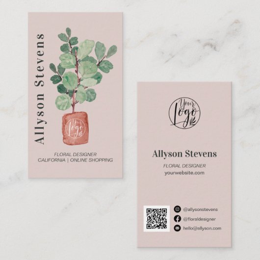Moderne florale ontwerper plant roze logo qr code visitekaartje (Voorkant / Achterkant)