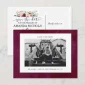 Moderne fluweelachtige Bourgondische foto SAVE THE Aankondigingskaart (Voorkant / Achterkant)