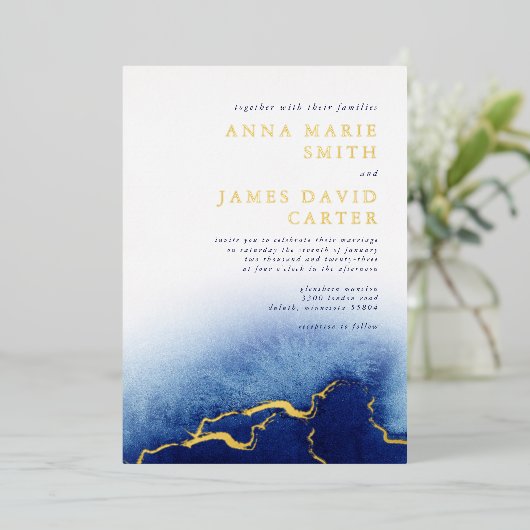 Moderne Folie Blue Waterverf Wedding Invitation Folie Uitnodiging (Staand Voorkant)