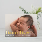 Moderne FOLIE geboorte foto  grote naam Folie Uitnodiging (Staand Voorkant)