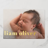 Moderne FOLIE geboorte foto  grote naam Uitnodiging (Voorkant)