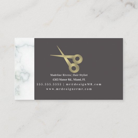 Moderne Folie Marmeren Haar Stylist Salon Scharen Visitekaartje (Achterkant)