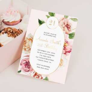 Moderne Folie met blush Floral Girl Birthday Uitnodiging