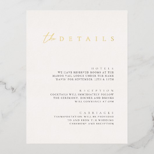 Moderne Folie White Wedding Details Enclosure Card Feestdagen Briefkaart (Voorkant)