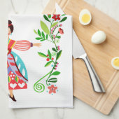 Moderne Folk Art Stijl Bloem Tuin Meisje Theedoek (Quarter Fold)