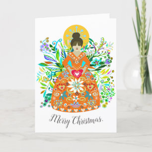 Moderne Folk Art Tangerine Christmas Angel Groet Feestdagen Kaart
